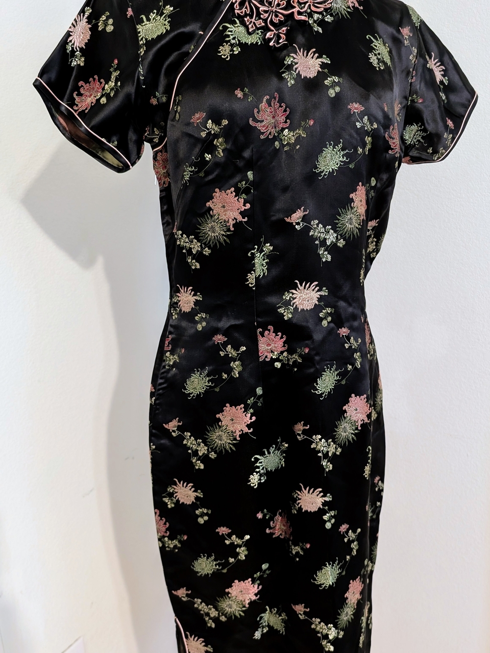 Vintage Peony Black Satin Floral Cheongsam Dress with Pink & Green Embroidery